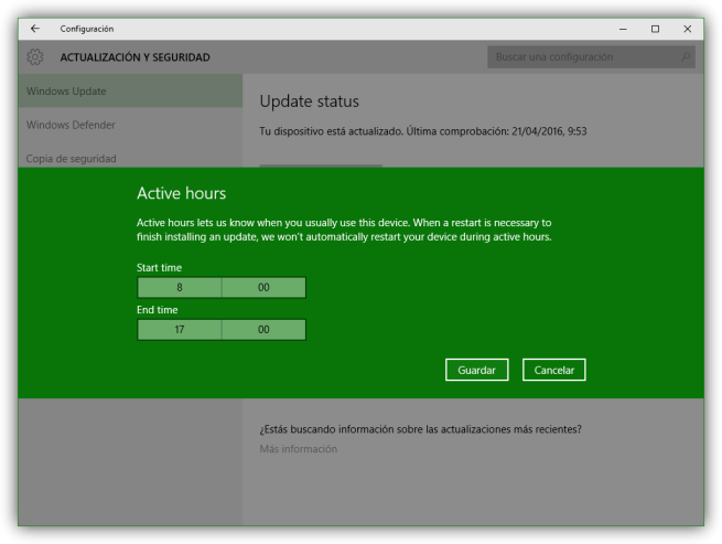 Cambiar horas de actividad Windows 10