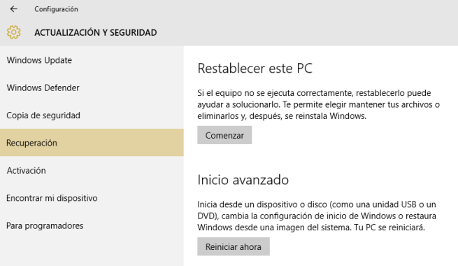 Recuperación en Windows 10