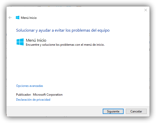 Solucionador de problemas del menú inicio y Cortana de Windows 10