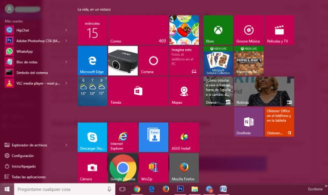 menu inicio Windows 10 actual