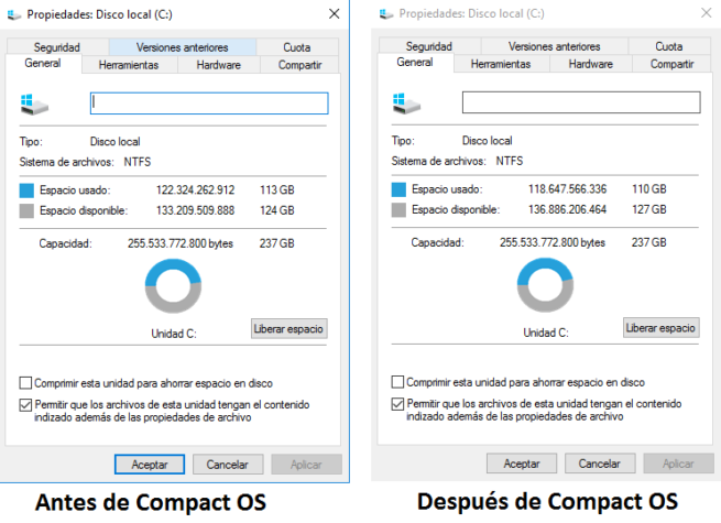 Antes y después de Compact OS en Windows 10