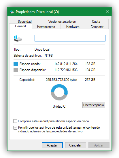 Propiedades disco duro Windows 10