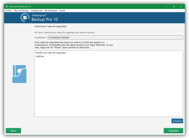 Ashampoo Backup Pro 10 - Elegir copia de seguridad a restaurar
