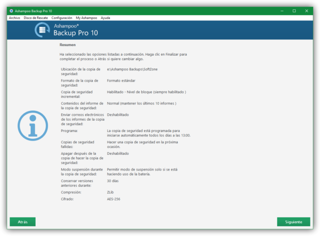 Ashampoo Backup Pro 10 - Resumen plan copia seguridad