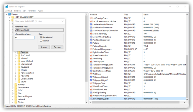 Registro de Windows 10 - Calidad del fondo de pantalla