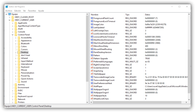 Registro de Windows 10 - propiedades de escritorio