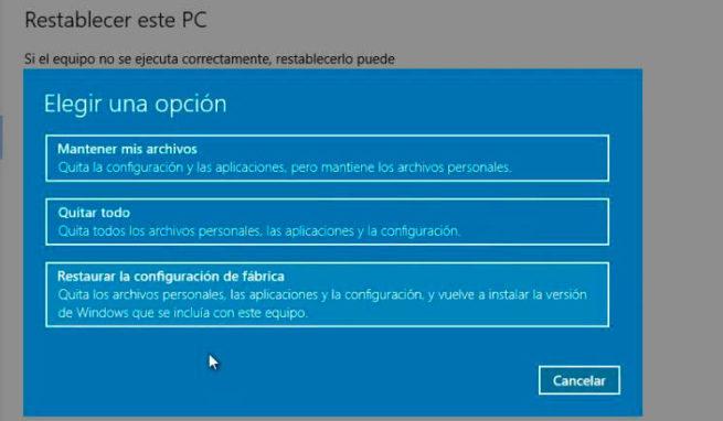 restablecer los ajustes de fábrica de Windows 10