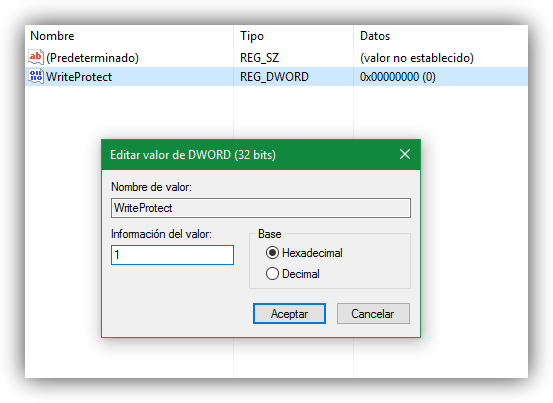 Editor de registro - WriteProtect en Windows 10