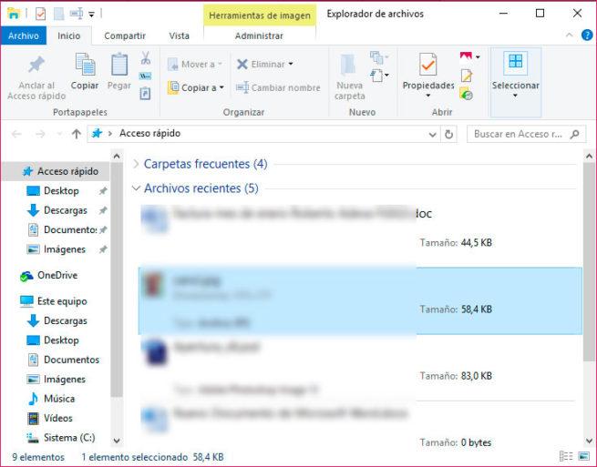 ocultar los archivos recientes en el explorador de Windows 10