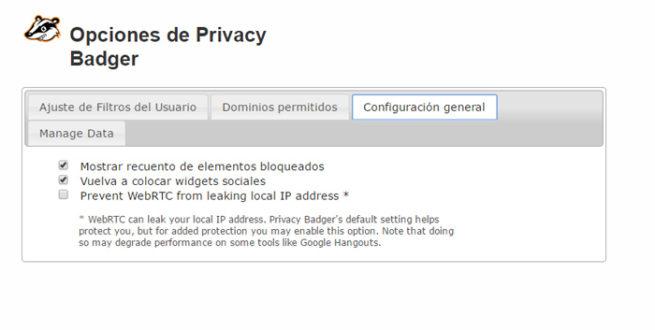 Configuracion privacidad Privacy badger