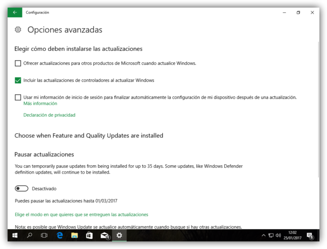 Configuracion avanzada Windows Update Windows 10 Creators Update