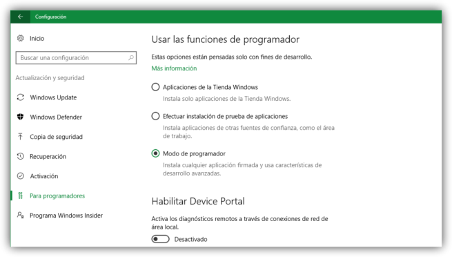 Configurar modo desarrollador Windows 10