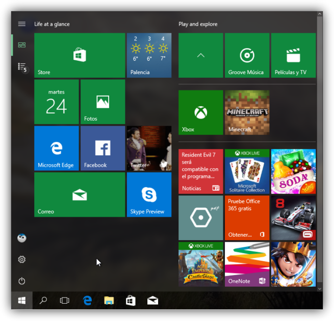 Menú Inicio sin lista de aplicaciones Windows 10 Creators Update