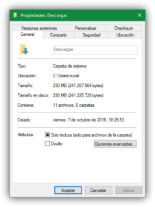 Propiedades carpeta Descargas Windows 10