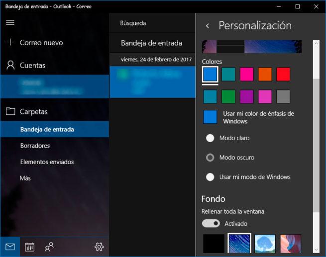 modo oscuro Correo Windows 10