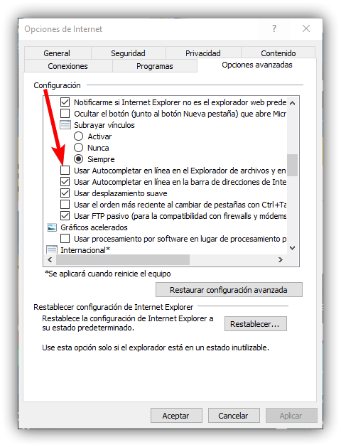 Activar Autocompletar Explorador de Archivos Windows 10