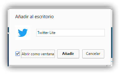 Añadir icono Twitter Lite Windows Chrome