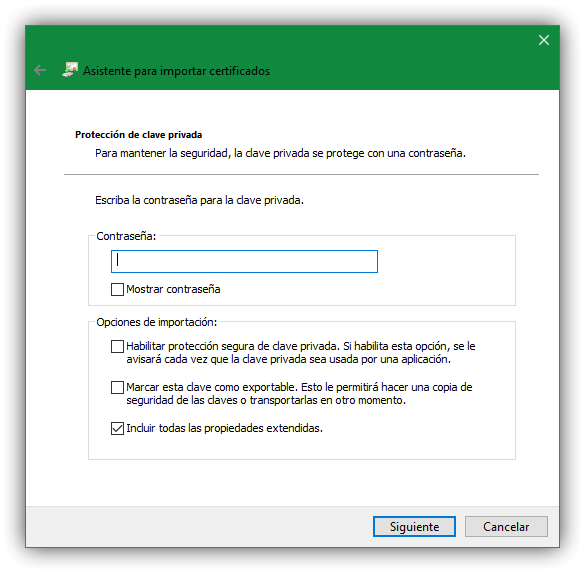 Asistente para Importar certificado digital Windows - Contrasena y seguridad