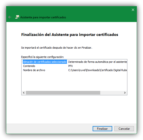 Asistente para Importar certificado digital Windows - Resumen