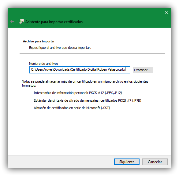 Asistente para Importar certificado digital Windows - archivo a importar