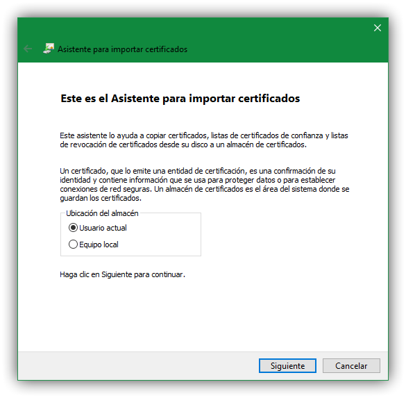 Asistente para Importar certificado digital Windows