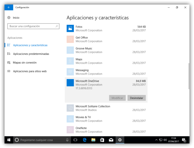 Desinstalar OneDrive Windows 10 creators update
