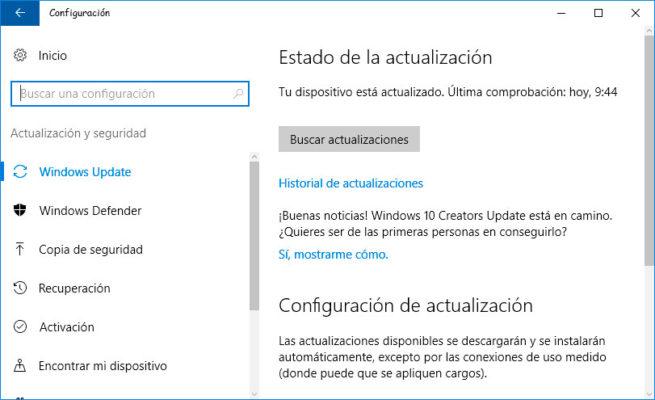 Notificación Windows 10 Creators Update