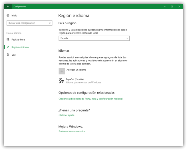 Configuración de región e idioma Windows 10