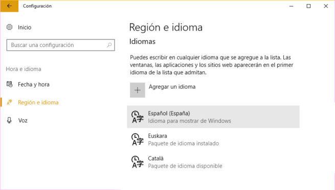 Idioma de Windows 10
