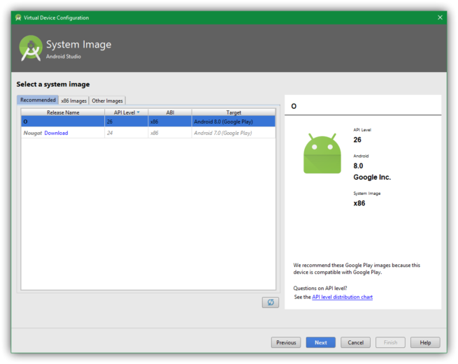 Android Virtual Device Manager - Elegir versión Android