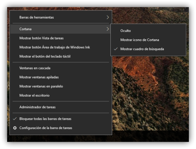 Cambiar tamaño Cortana Barra de tareas Windows 10