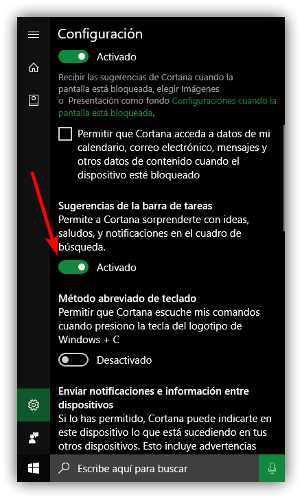 Desactivar sugerencias Cortana Windows 10
