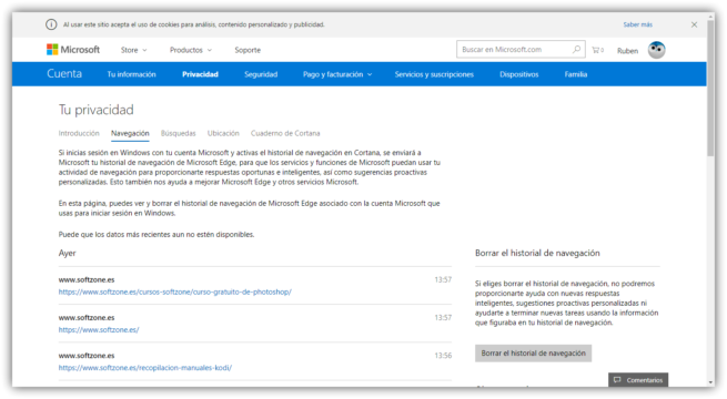 Web privacidad Microsoft Windows 10
