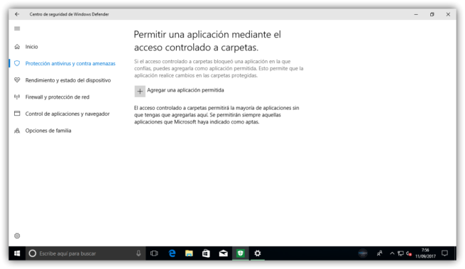 Aplicaciones con acceso a carpetas protegidas Windows Defender Windows 10 Fall Creators Update