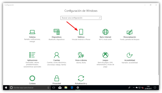 Configuración - Dispositivo Windows 10 Fall Creators Update