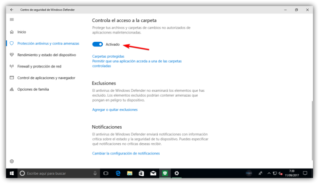 Controlar acceso a la carpeta - Protección contra ransomware Windows Defender Windows 10 Fall Creators Update