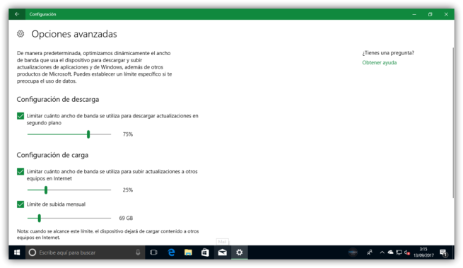 Límites de velocidad Windows Update Windows 10 Fall Creators Update