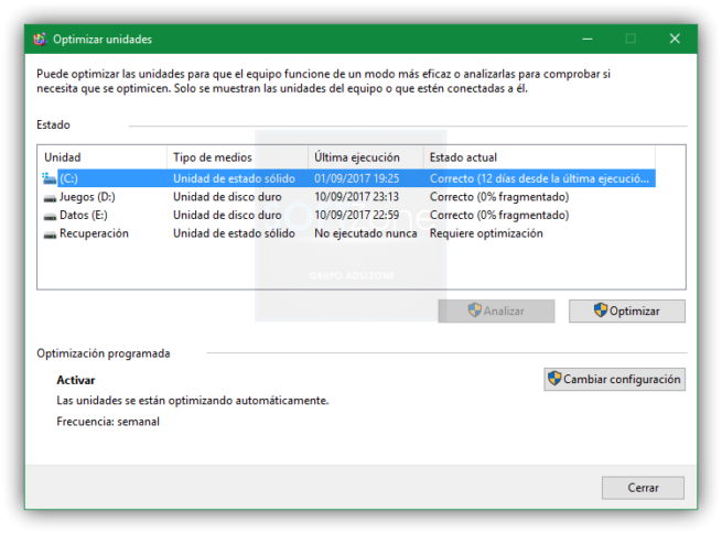 Optimizar disco duro Windows 10