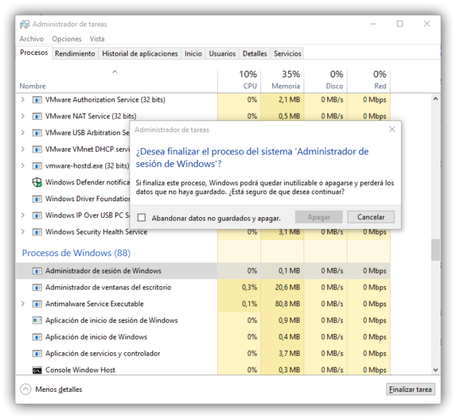 Procesos críticos de Windows - Administración de sesión