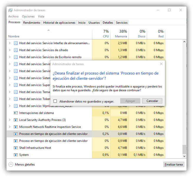 Procesos críticos de Windows - proceso en tiempo de ejecución