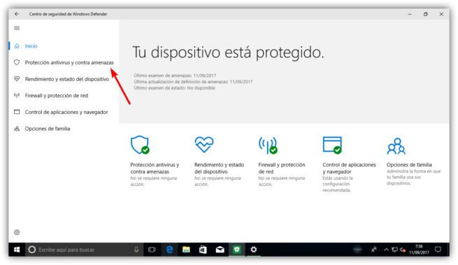 Windows 10 Fall Creators Update - Centro de seguridad Windows Defender