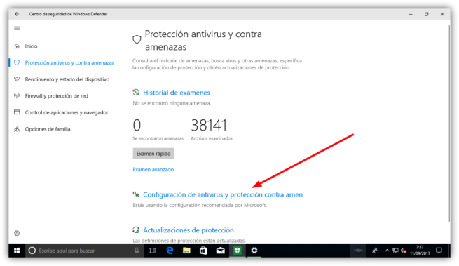 Windows 10 Fall Creators Update - Configurar protección contra amenazas Windows Defender
