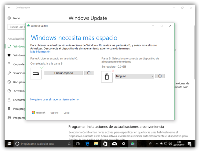 Actualizar Windows 10 - Problemas de espacio