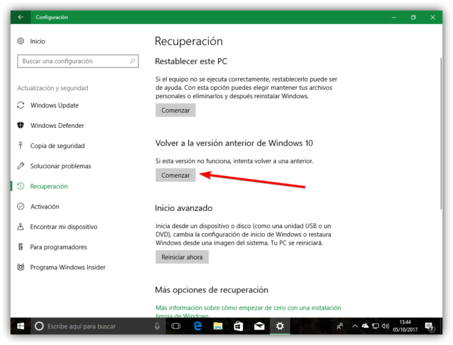 Desinstalar Windows 10 Fall Creators Update