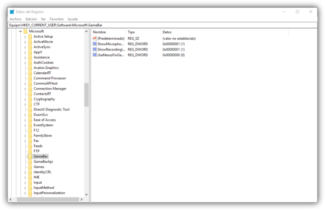 Editor de registro - GameBar - Windows 10 Fall Creators Update