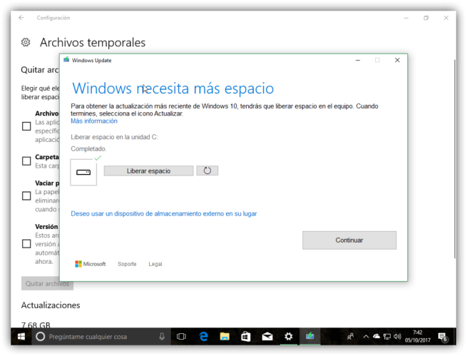 Espacio suficiente para actualizar a Windows 10