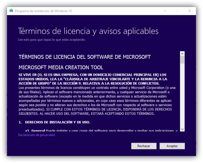 Términos de creación de medio de instalación de Windows 10 Fall Creators Update