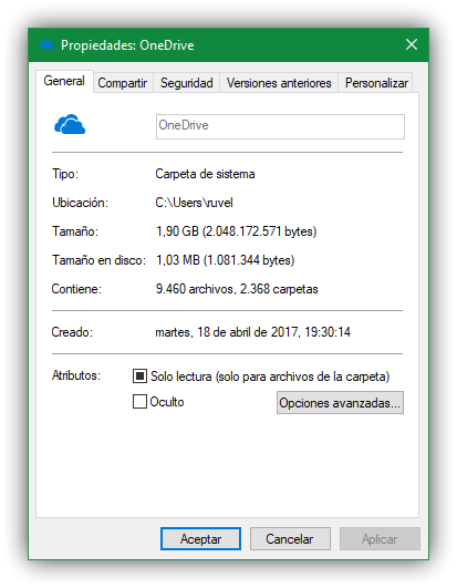 propiedades carpeta OneDrive Windows 10 con sincronización bajo demanda