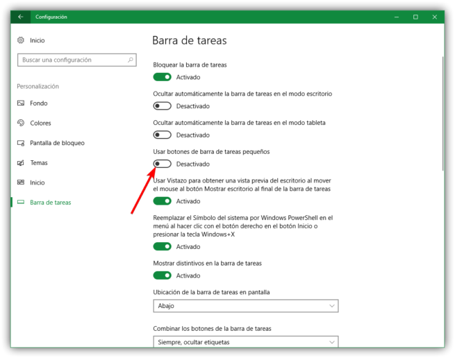 Iconos pequeños barra de tareas Windows 10