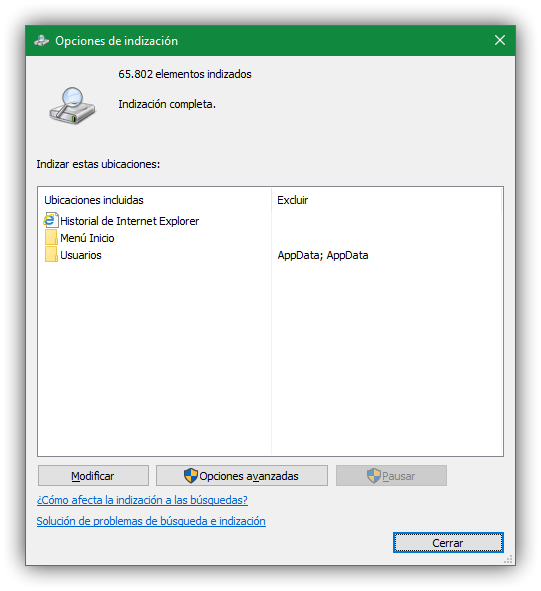 Opciones de indización Windows 10